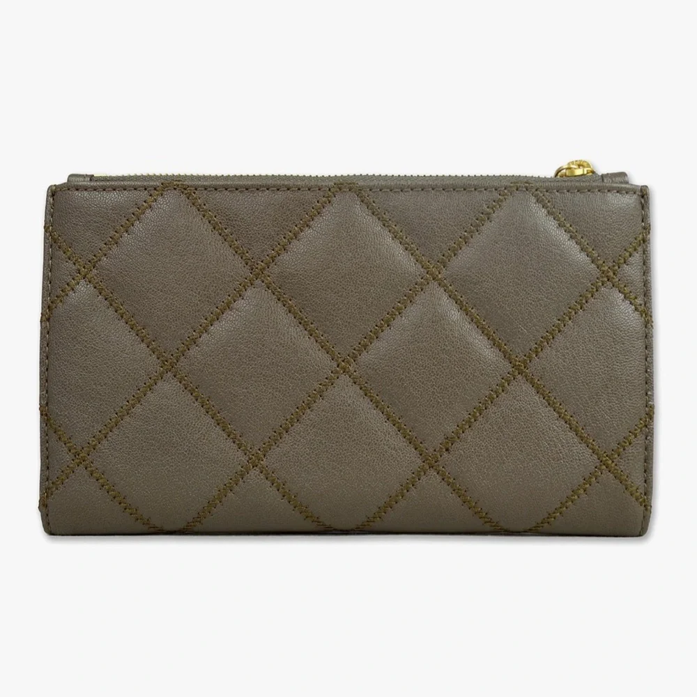 Tory Burch Quilted Zip Clutch in Olive Brown with Gold Logo
